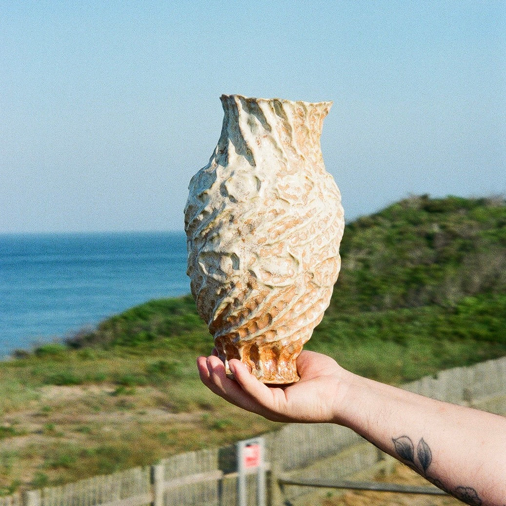 sandy orange spiral wood fired vase