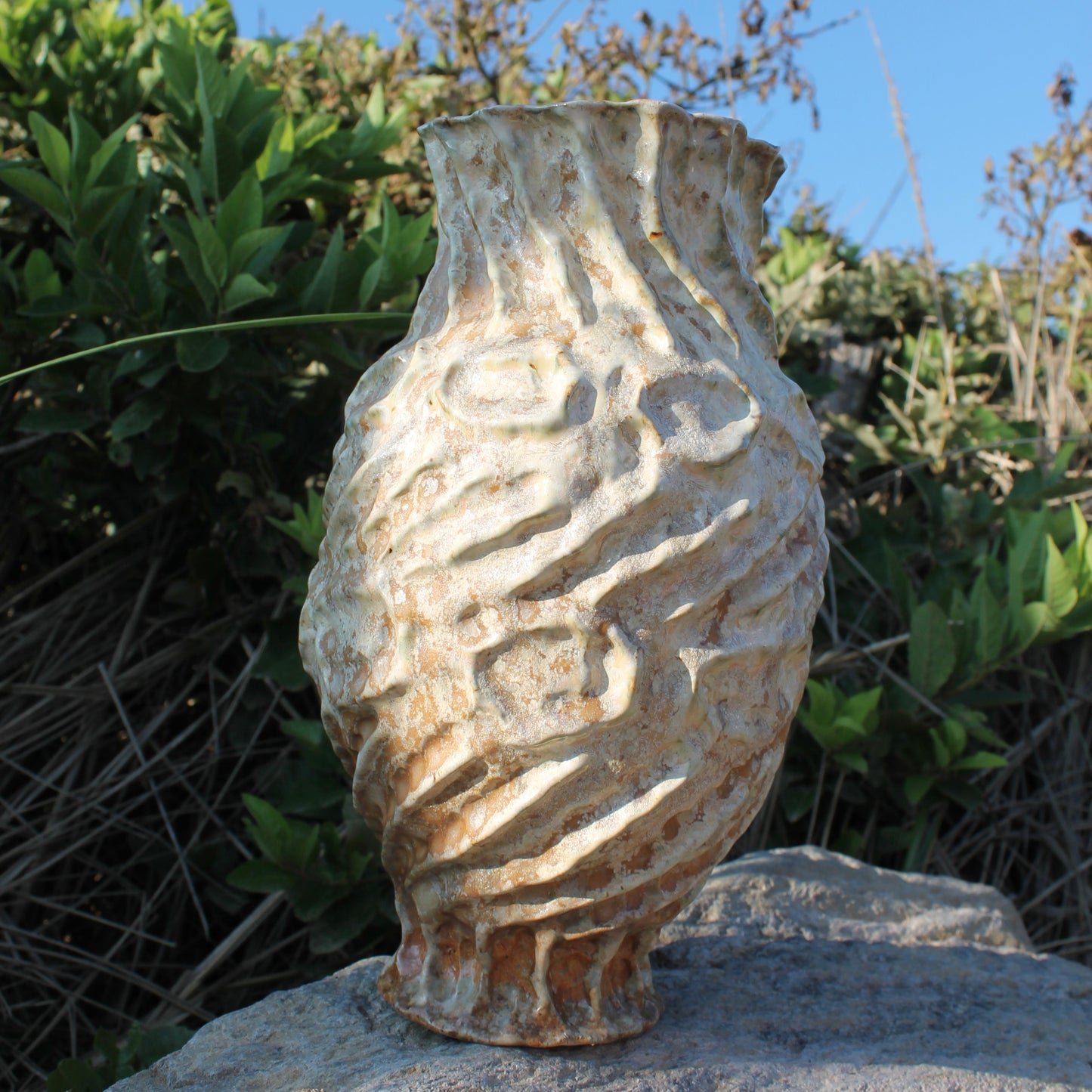 sandy orange spiral wood fired vase