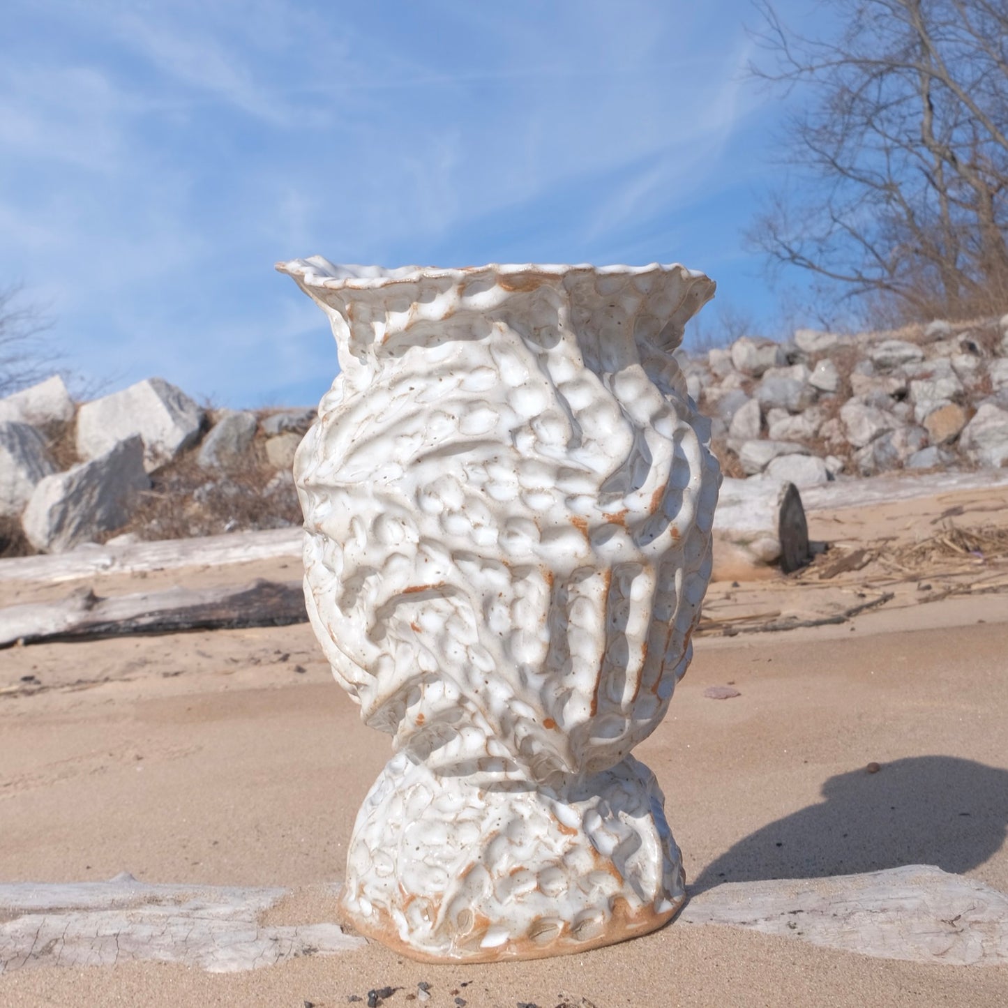 white pinched ridge vase