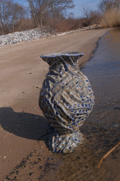 blue pinched ridge wood fired vase